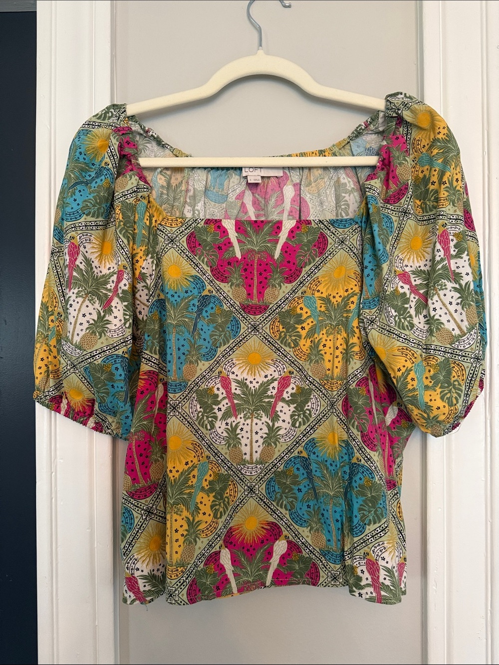 LOFT Multicolor Boho Floral Puff-Sleeve Blouse